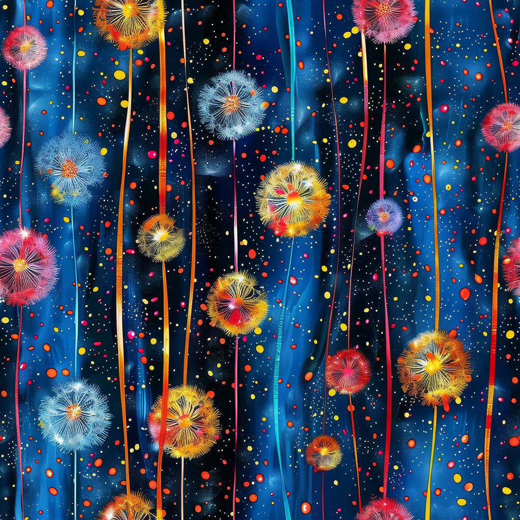 midnight blue, navy background, dandelion seeds, wishful flowers, colorful dots, confetti scattered, vertical streaks, whimsical pattern, nature inspired,, fabric panel, pink dandelions, yellow blooms, orange flowers, blue petals, magical mood, dreamy atmosphere, botanical design, seed heads, floating elements