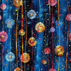 midnight blue, navy background, dandelion seeds, wishful flowers, colorful dots, confetti scattered, vertical streaks, whimsical pattern, nature inspired,, fabric panel, pink dandelions, yellow blooms, orange flowers, blue petals, magical mood, dreamy atmosphere, botanical design, seed heads, floating elements