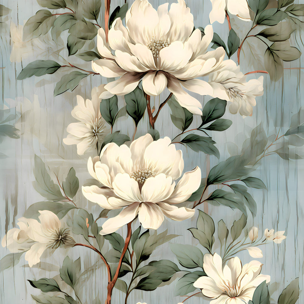 cream floral, ivory flowers, white peonies, soft sage green, dusty blue background, botanical, nature, elegant, vintage, traditional, romantic, garden flowers, large scale floral, pale peach accents, muted tones, spring, summer, timeless, classic, watercolor style, botanical illustration, cottage core, farmhouse, feminine, delicate petals, layered flowers, multi-bloom design, soft and soothing