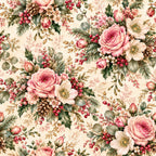 cream floral, dusty rose, blush pink, deep red, sage green, gold accents, vintage floral, botanical, roses, peonies, berries, eucalyptus, pine branches, cottage core, romantic, elegant, traditional, garden, nature-inspired, spring, winter holidays, christmas, feminine, timeless, classic, damask accents, layered florals, delicate details