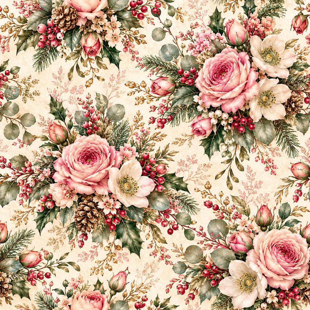 cream floral, dusty rose, blush pink, deep red, sage green, gold accents, vintage floral, botanical, roses, peonies, berries, eucalyptus, pine branches, cottage core, romantic, elegant, traditional, garden, nature-inspired, spring, winter holidays, christmas, feminine, timeless, classic, damask accents, layered florals, delicate details