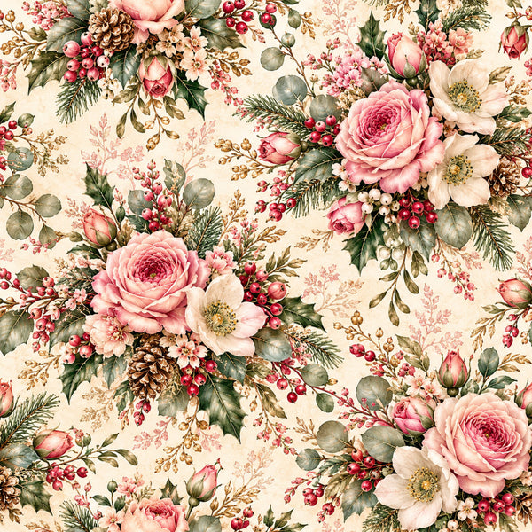 cream floral, dusty rose, blush pink, deep red, sage green, gold accents, vintage floral, botanical, roses, peonies, berries, eucalyptus, pine branches, cottage core, romantic, elegant, traditional, garden, nature-inspired, spring, winter holidays, christmas, feminine, timeless, classic, damask accents, layered florals, delicate details