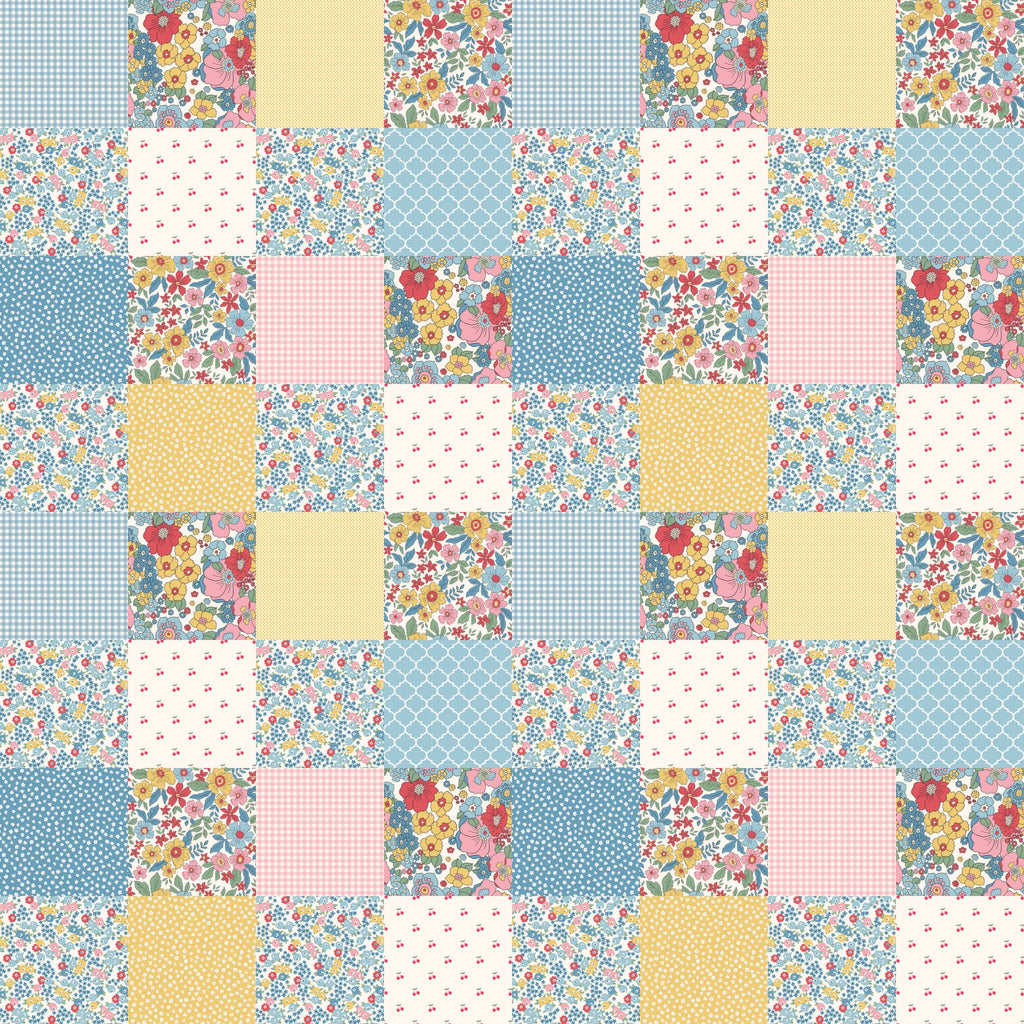 patchwork,, fabric panel, floral motifs, gingham, polka dots, geometric patterns, blue, pink, yellow, white, cottage core, vintage style, small flowers, ditsy print, quatrefoil, checkerboard, pastel colors, spring theme, handmade aesthetic