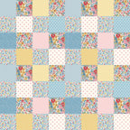 patchwork,, fabric panel, floral motifs, gingham, polka dots, geometric patterns, blue, pink, yellow, white, cottage core, vintage style, small flowers, ditsy print, quatrefoil, checkerboard, pastel colors, spring theme, handmade aesthetic