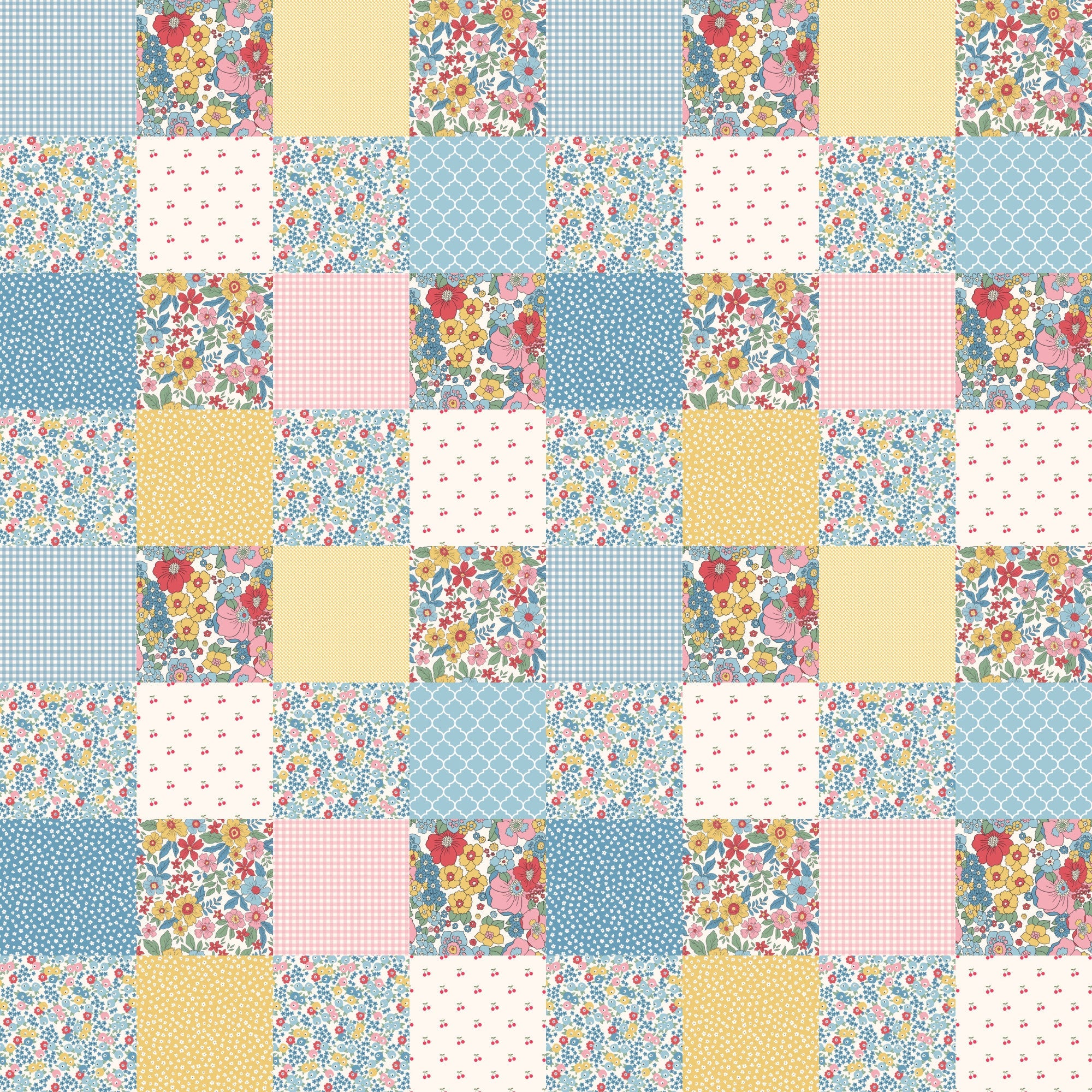 patchwork,, fabric panel, floral motifs, gingham, polka dots, geometric patterns, blue, pink, yellow, white, cottage core, vintage style, small flowers, ditsy print, quatrefoil, checkerboard, pastel colors, spring theme, handmade aesthetic