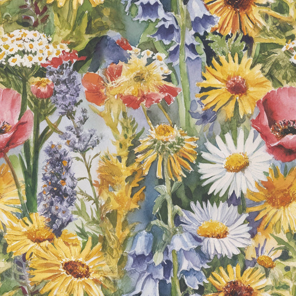 wildflowers, watercolor style, yellow daisies, white daisies, red poppies, purple flowers, lavender sprigs, botanical illustration, floral pattern,, fabric panel, spring flowers, summer blooms, natural motifs, painterly style, mixed florals, garden flowers, artistic rendering, soft brushstrokes, vibrant colors