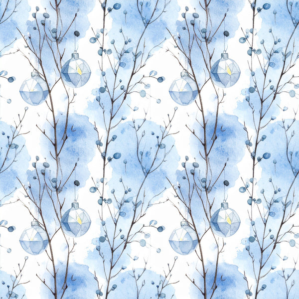 winter blue, light blue, pale blue, icy blue, frost blue, watercolor blue, bare branches, winter branches, ornaments, glass baubles, holiday decorations, christmas ornaments, winter foliage, botanical, nature-inspired, elegant, whimsical, winter wonderland, festive, holiday theme, christmas, winter season, nursery decor, baby room, kids room, peaceful, serene, delicate, frozen branches, decorative balls