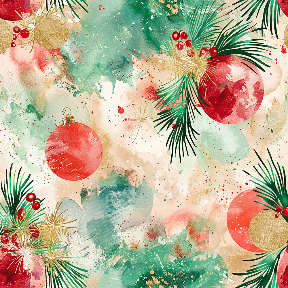red ornaments, evergreen branches, holiday, christmas, winter, festive, watercolor, abstract, gold accents, coral red, forest green, cream, mint green, berry red, metallic gold, pine needles, watercolor splashes, elegant, modern, whimsical, nature-inspired, seasonal decor, christmas ornaments, red berries, gold splatter, soft watercolor, hand-painted style, traditional holiday, contemporary christmas