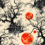 blood moon, gothic manor, bare branches, orange red circles, spooky mansion, halloween fabric, eerie atmosphere, leafless trees, haunted house,, fabric panel, dark silhouettes, autumn colors, cream background, gothic architecture, mysterious mood, horror theme, seasonal design, bare trees, victorian house
