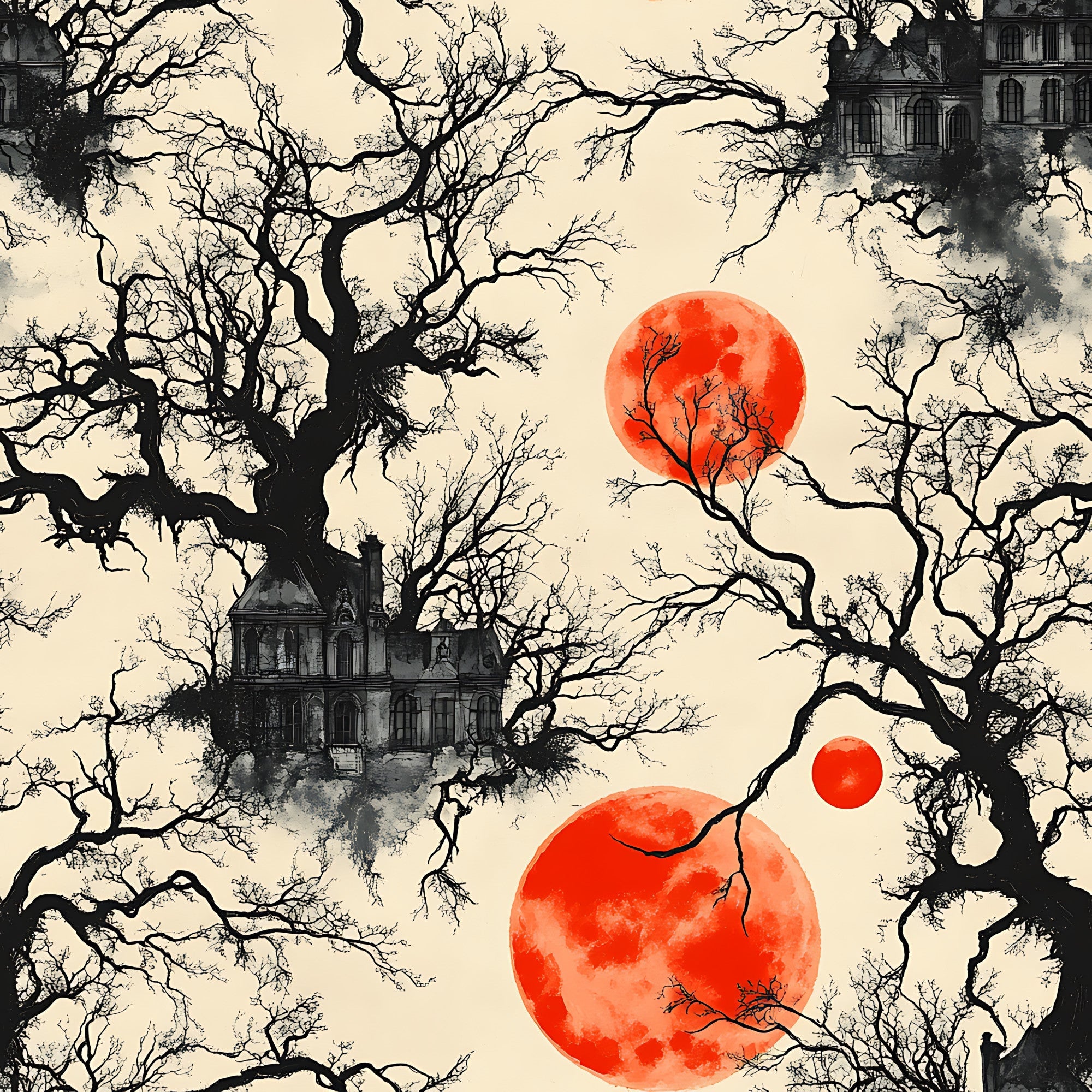 blood moon, gothic manor, bare branches, orange red circles, spooky mansion, halloween fabric, eerie atmosphere, leafless trees, haunted house,, fabric panel, dark silhouettes, autumn colors, cream background, gothic architecture, mysterious mood, horror theme, seasonal design, bare trees, victorian house