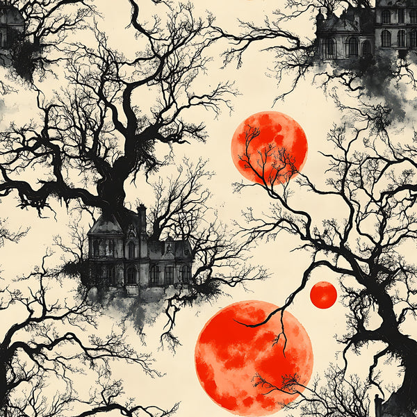 blood moon, gothic manor, bare branches, orange red circles, spooky mansion, halloween fabric, eerie atmosphere, leafless trees, haunted house,, fabric panel, dark silhouettes, autumn colors, cream background, gothic architecture, mysterious mood, horror theme, seasonal design, bare trees, victorian house