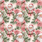dusty rose, mauve pink, sage green, cream, white, floral, dahlias, peonies, evergreen, holiday, christmas, santa, father christmas, vintage, whimsical, festive, botanical, nature-inspired, winter, elegant, traditional, romantic, cheerful, kids, children, seasonal, decorative, gold accents, berries, greenery