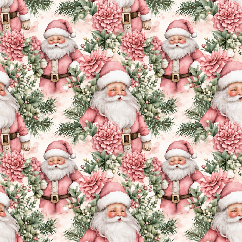 dusty rose, mauve pink, sage green, cream, white, floral, dahlias, peonies, evergreen, holiday, christmas, santa, father christmas, vintage, whimsical, festive, botanical, nature-inspired, winter, elegant, traditional, romantic, cheerful, kids, children, seasonal, decorative, gold accents, berries, greenery