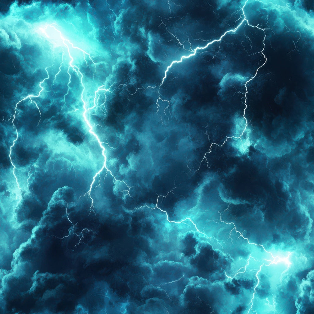 turquoise, teal, navy blue, electric blue, lightning bolts, thunderstorm, storm clouds, dramatic sky, weather pattern,, fabric panel, stormy atmosphere, electric energy, nature scene, moody, intense, swirling clouds, bright flashes, tempest, atmospheric