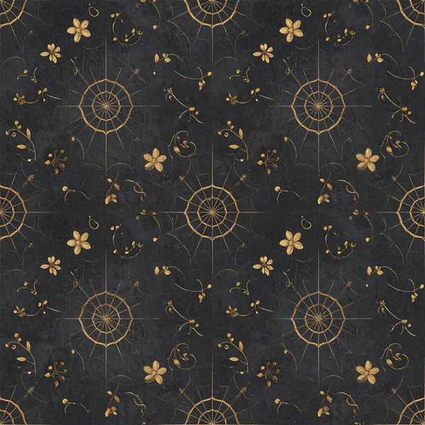 charcoal black, gold, metallic gold, floral, botanical, celestial, vintage, elegant, sophisticated, dandelion, flowers, spider web, geometric, nature, whimsical, dark academia, mystical, ornamental, delicate, intricate, bohemian, romantic, timeless, gothic, star motifs, seed head design, nature-inspired, luxe, dark and moody
