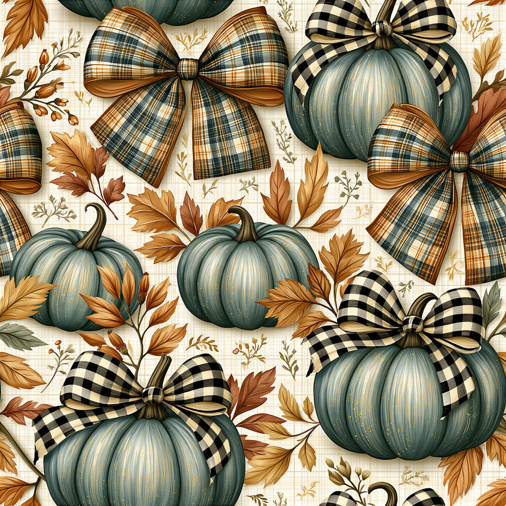 teal pumpkin, cream background, plaid bow, fall leaves, autumn harvest, orange plaid, black and white gingham, sage green, bronze gold, rustic farmhouse, traditional fall decor, thanksgiving, seasonal harvest, nature-inspired, botanical leaves, vintage style, cozy autumn, decorative bows, striped ribbon detail, warm earth tones, fall foliage, elegant autumn, cottage core, classic plaid pattern, home decor, festive seasonal