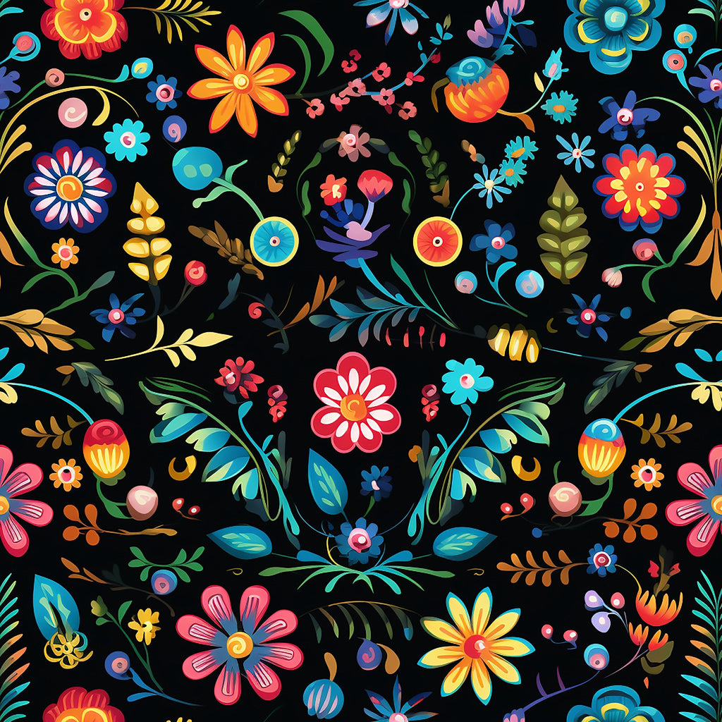 mexican floral, folk art, vibrant flowers, black background, turquoise blue, coral pink, golden yellow, orange blooms, decorative motifs,, fabric panel, festive pattern, botanical design, colorful petals, whimsical style, bright colors, floral fiesta, crafting fabric, cheerful mood
