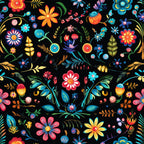 mexican floral, folk art, vibrant flowers, black background, turquoise blue, coral pink, golden yellow, orange blooms, decorative motifs,, fabric panel, festive pattern, botanical design, colorful petals, whimsical style, bright colors, floral fiesta, crafting fabric, cheerful mood