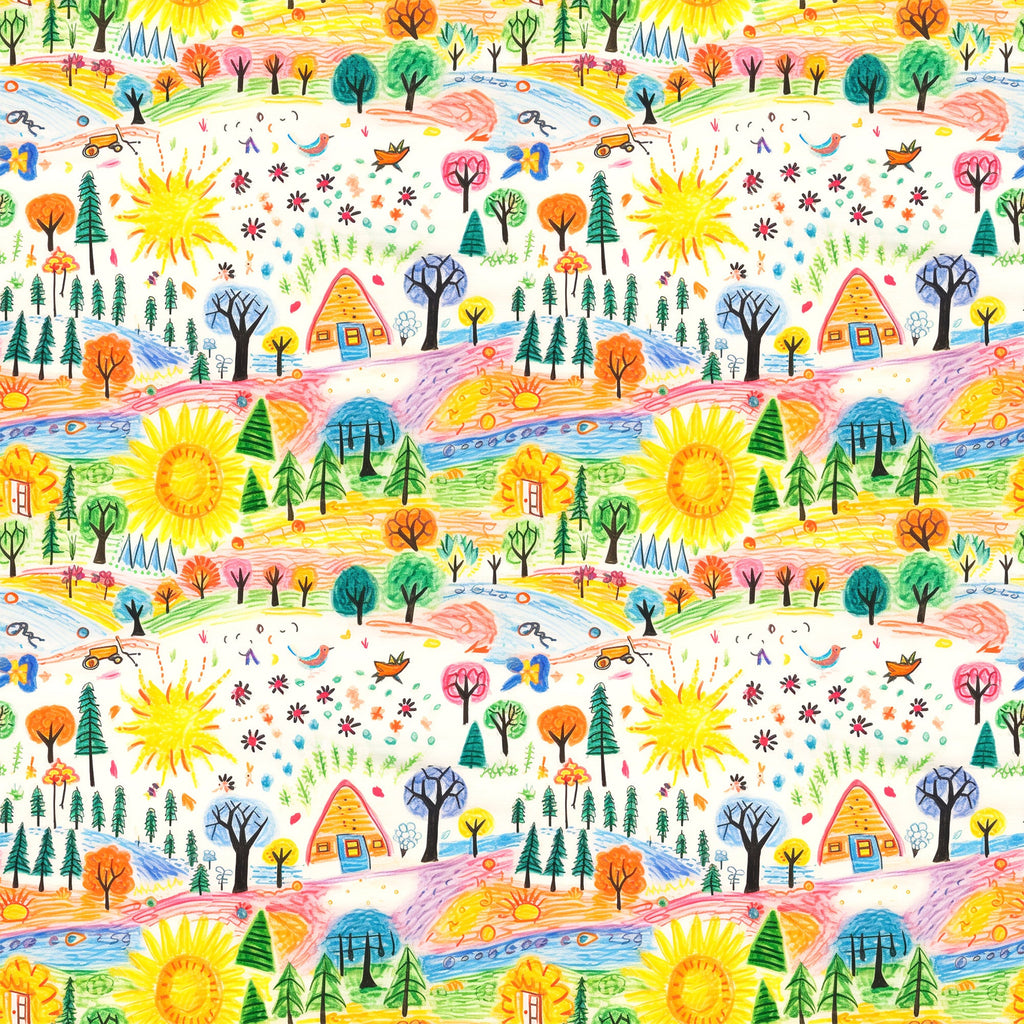 child drawing style, crayon art, whimsical pattern, bright yellow sun, colorful trees, small houses, nature scene, playful design,, fabric panel, cheerful colors, hand drawn look, 童趣风格, orange trees, green pine trees, blue water, rainbow colors, kids artwork, repeating pattern, craft fabric
