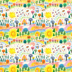 child drawing style, crayon art, whimsical pattern, bright yellow sun, colorful trees, small houses, nature scene, playful design,, fabric panel, cheerful colors, hand drawn look, 童趣风格, orange trees, green pine trees, blue water, rainbow colors, kids artwork, repeating pattern, craft fabric