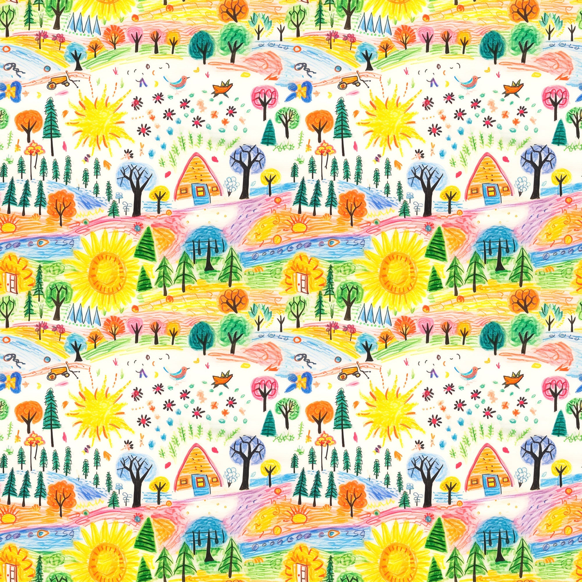 child drawing style, crayon art, whimsical pattern, bright yellow sun, colorful trees, small houses, nature scene, playful design,, fabric panel, cheerful colors, hand drawn look, 童趣风格, orange trees, green pine trees, blue water, rainbow colors, kids artwork, repeating pattern, craft fabric