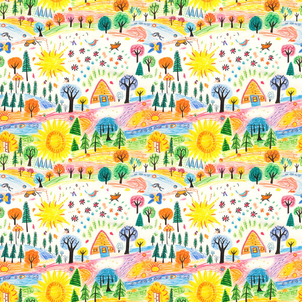 child drawing style, crayon art, whimsical pattern, bright yellow sun, colorful trees, small houses, nature scene, playful design,, fabric panel, cheerful colors, hand drawn look, 童趣风格, orange trees, green pine trees, blue water, rainbow colors, kids artwork, repeating pattern, craft fabric