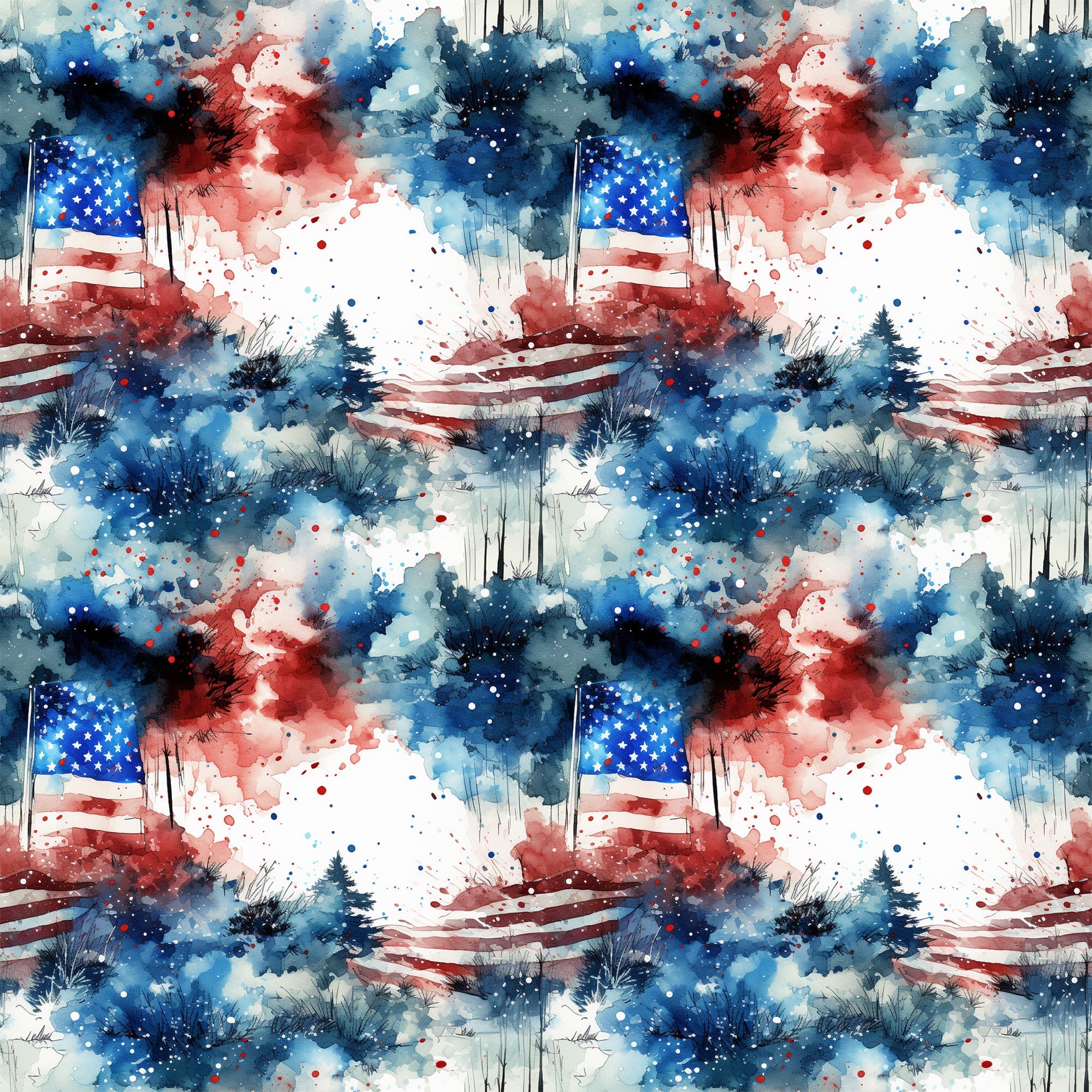 patriotic grunge, watercolor style, american flag, red white blue, abstract splashes, paint splatters, distressed look,, fabric panel, stars and stripes, artistic brushstrokes, navy blue, crimson red, weathered effect, fourth of july, independence day, contemporary art, mixed media appearance, textile design, repeating pattern
