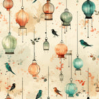 vintage birdcages, hanging lanterns, small birds, watercolor style, orange tones, teal green, sage green, coral pink, cream background,, fabric panel, whimsical pattern, decorative cages, nature motif, soft pastels, artistic splashes, flying birds, suspended ornaments, delicate illustration, crafting material