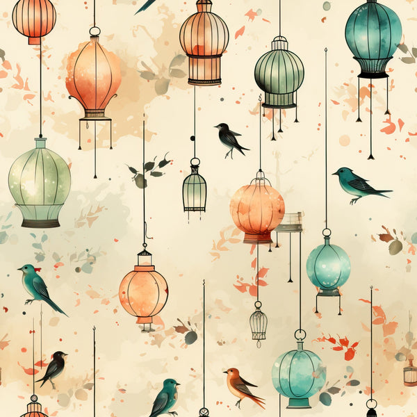 vintage birdcages, hanging lanterns, small birds, watercolor style, orange tones, teal green, sage green, coral pink, cream background,, fabric panel, whimsical pattern, decorative cages, nature motif, soft pastels, artistic splashes, flying birds, suspended ornaments, delicate illustration, crafting material