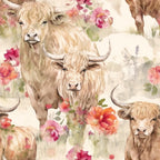 highland cows, watercolor style, floral pattern, beige tones, pink flowers, coral blooms, soft pastels, farm animals, long horned cattle, botanical elements,, fabric panel, rustic charm, countryside theme, gentle expression, shaggy fur, cream background, rose accents, pastoral scene, artistic rendering