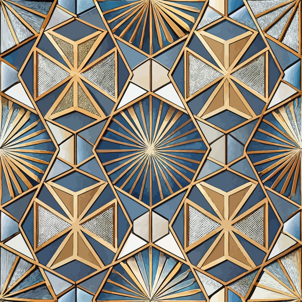 art deco, geometric pattern, hexagonal shapes, star motifs, radiating lines, sunburst design, blue tones, golden bronze, cream white, metallic accents,, fabric panel, angular geometry, symmetrical design, vintage style, repeating pattern, dimensional effect, textured appearance, 1920s inspired