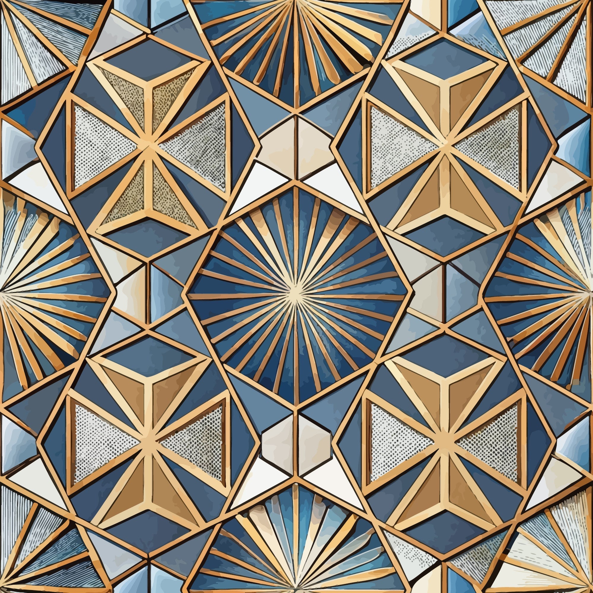 art deco, geometric pattern, hexagonal shapes, star motifs, radiating lines, sunburst design, blue tones, golden bronze, cream white, metallic accents,, fabric panel, angular geometry, symmetrical design, vintage style, repeating pattern, dimensional effect, textured appearance, 1920s inspired
