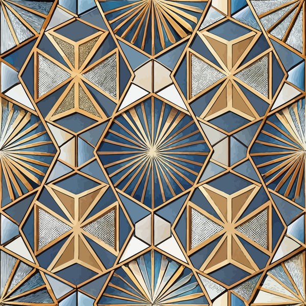 art deco, geometric pattern, hexagonal shapes, star motifs, radiating lines, sunburst design, blue tones, golden bronze, cream white, metallic accents,, fabric panel, angular geometry, symmetrical design, vintage style, repeating pattern, dimensional effect, textured appearance, 1920s inspired