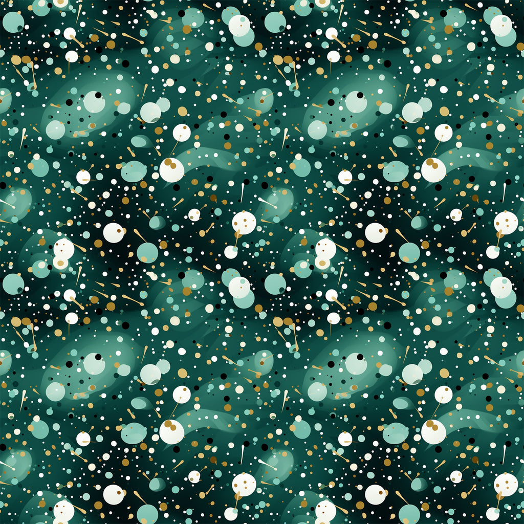 dark green, forest green, teal, white, gold, cream, confetti pattern, scattered dots, circles, abstract design, geometric shapes, modern pattern, festive, celebratory,, fabric panel, contemporary style, speckled design, party theme, dotted pattern