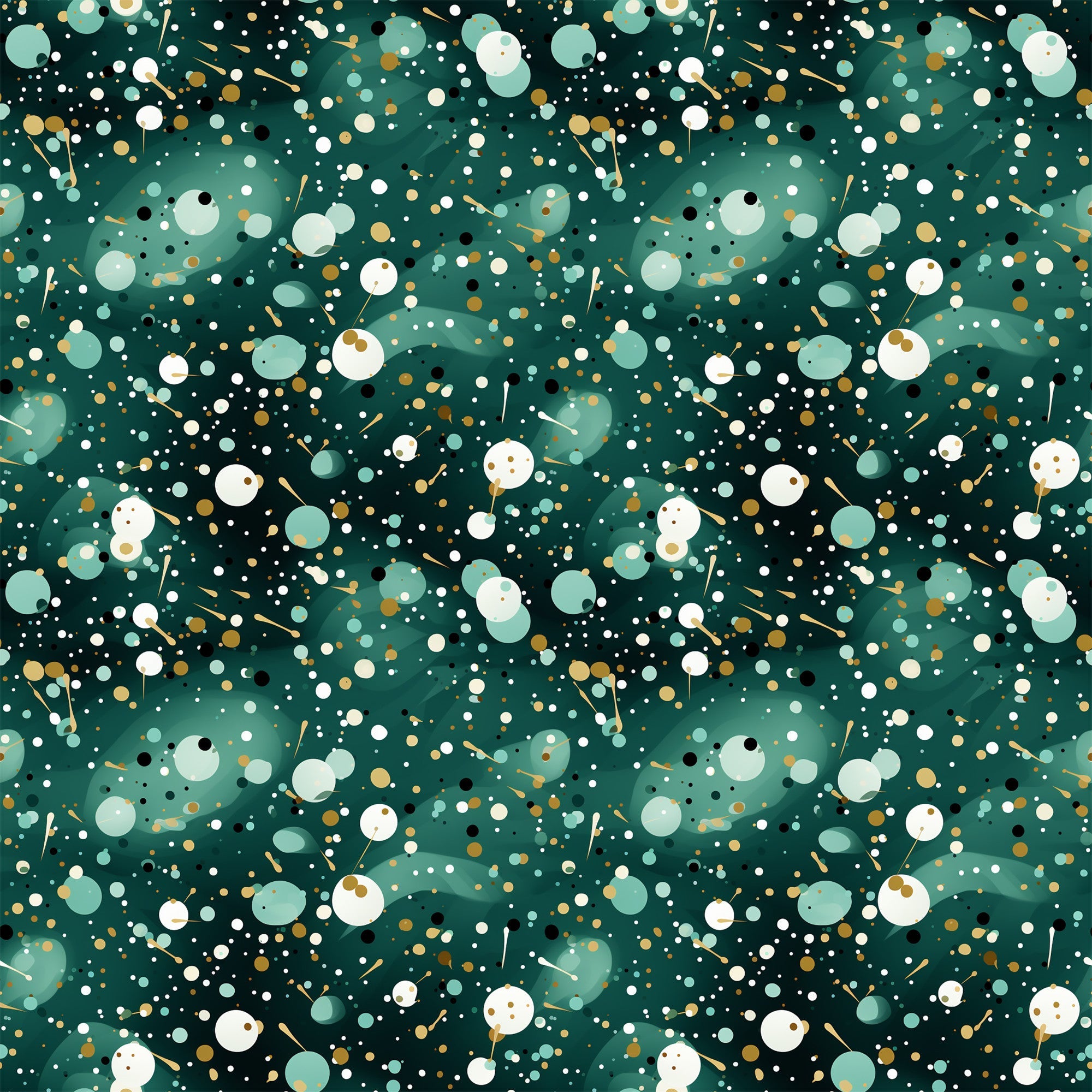 dark green, forest green, teal, white, gold, cream, confetti pattern, scattered dots, circles, abstract design, geometric shapes, modern pattern, festive, celebratory,, fabric panel, contemporary style, speckled design, party theme, dotted pattern