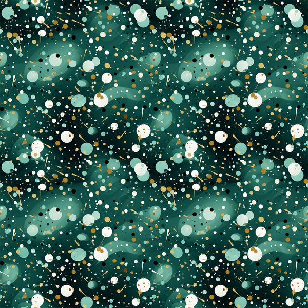 dark green, forest green, teal, white, gold, cream, confetti pattern, scattered dots, circles, abstract design, geometric shapes, modern pattern, festive, celebratory,, fabric panel, contemporary style, speckled design, party theme, dotted pattern