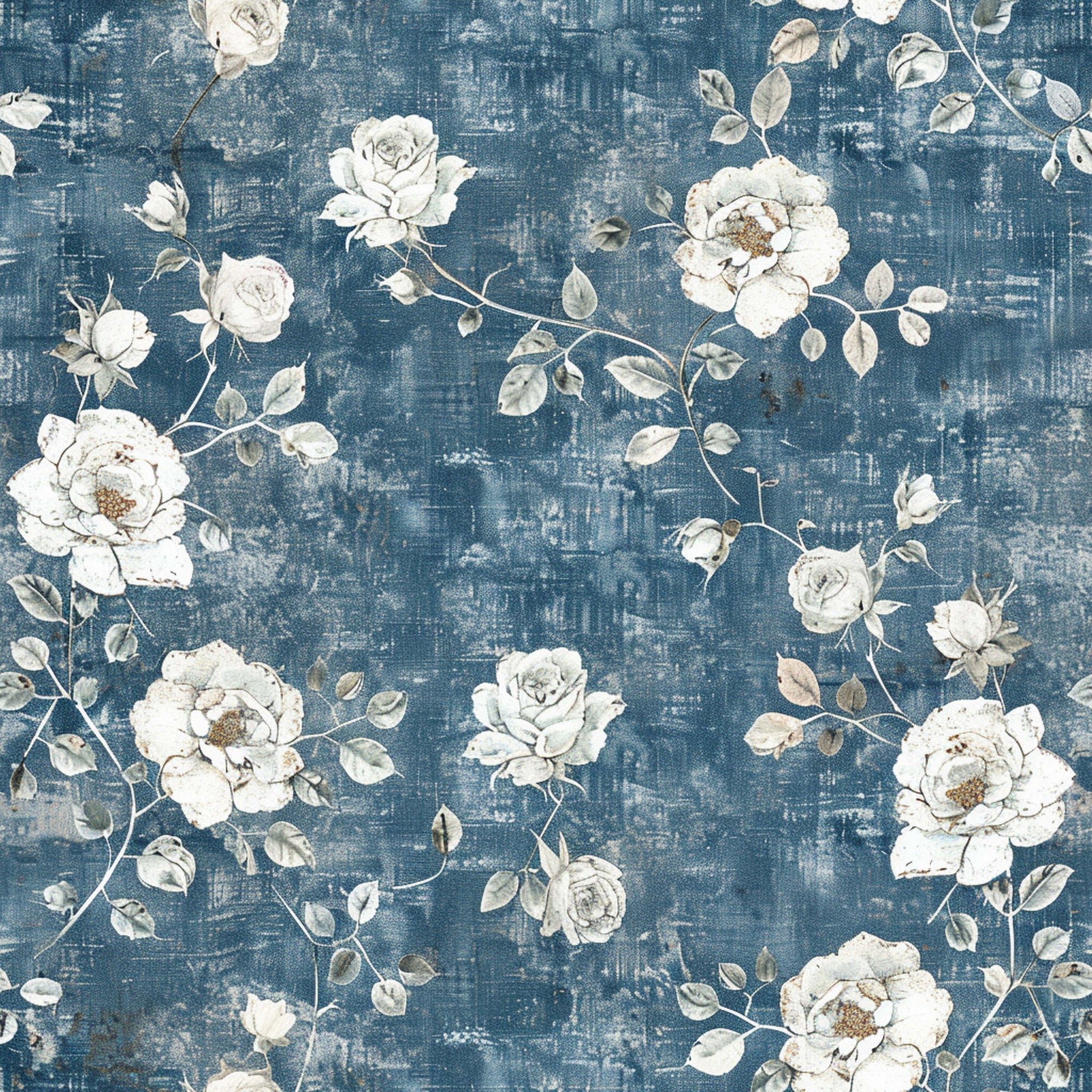 navy blue, distressed background, white roses, cream flowers, gray leaves, vintage floral, botanical pattern, shabby chic, weathered texture,, fabric panel, romantic blooms, cottage style, muted tones, climbing roses, farmhouse aesthetic, textured backdrop, delicate petals, soft florals