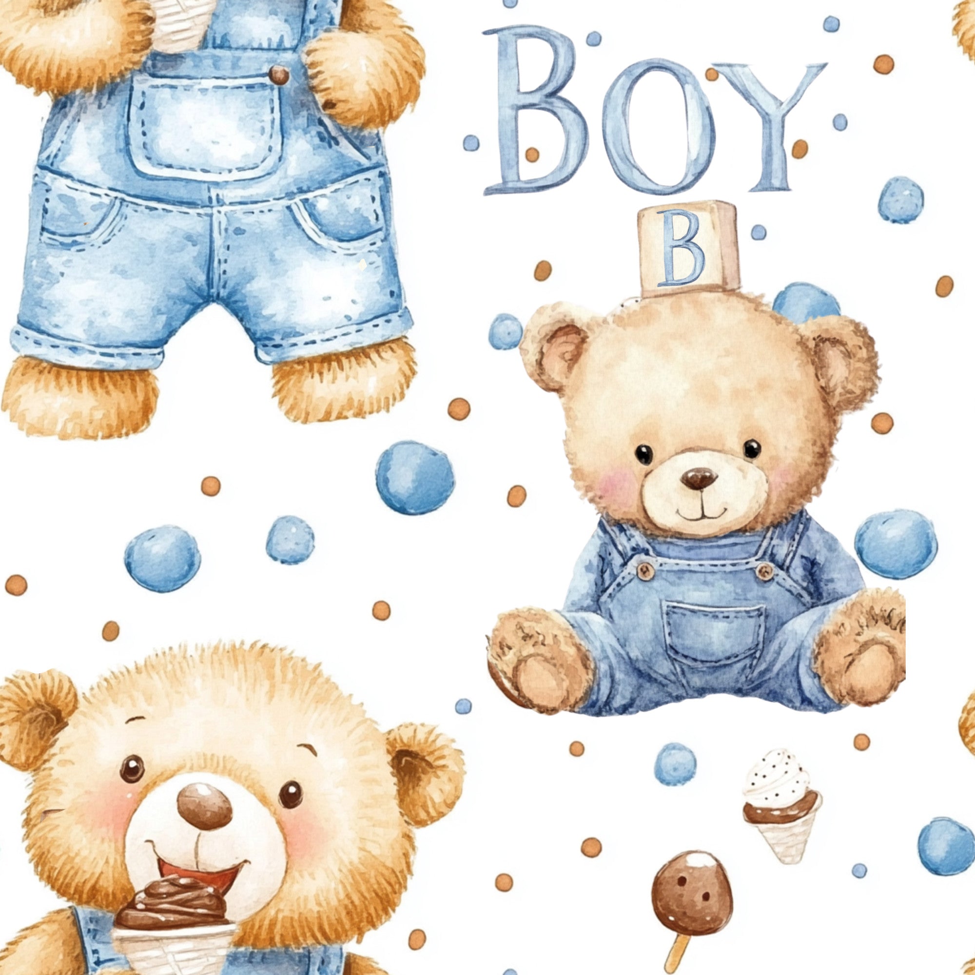 blue, brown, beige, cream, teddy bear, baby boy, watercolor style, overalls, denim, building blocks, ice cream, polka dots, nursery theme, cute animals, soft pastels,, fabric panel, whimsical, childhood motifs, baby shower