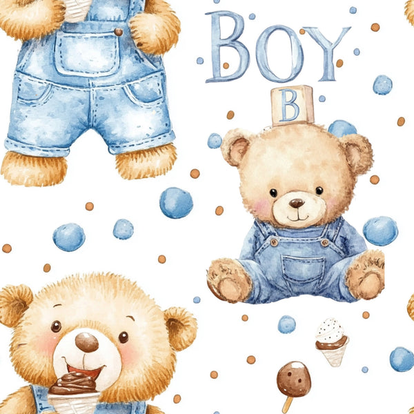 blue, brown, beige, cream, teddy bear, baby boy, watercolor style, overalls, denim, building blocks, ice cream, polka dots, nursery theme, cute animals, soft pastels,, fabric panel, whimsical, childhood motifs, baby shower