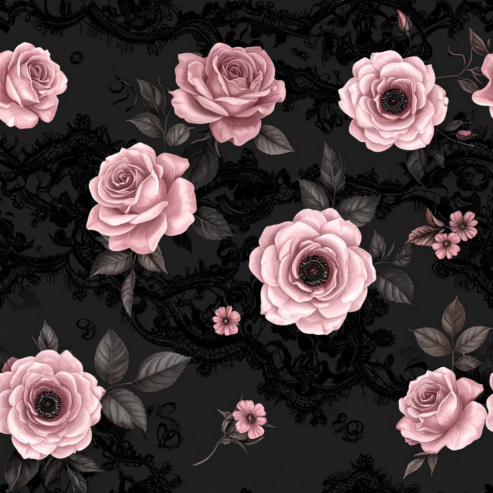 dusty rose, blush pink, mauve pink, charcoal black, dark gray, floral, roses, gerbera daisies, botanical, vintage, elegant, gothic, romantic, nature, ornamental damask, scrollwork, dark florals, feminine, sophisticated, classic, trailing vines, decorative leaves, gray foliage, delicate flowers, dramatic contrast, timeless, formal, garden theme