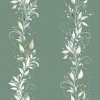 sage green, muted green, cream white, gold accents, botanical, floral, nature, elegant, whimsical, ornate, vintage, scrolling vines, leaves, birds, berries, delicate florals, spring, summer, garden theme, romantic, damask-inspired, decorative swirls, soft botanical, nursery, baby shower, feminine, peaceful, artistic, watercolor style, natural elements