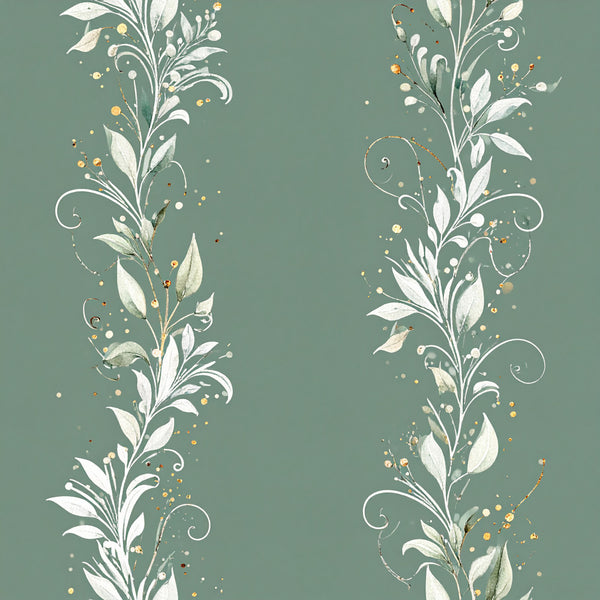 sage green, muted green, cream white, gold accents, botanical, floral, nature, elegant, whimsical, ornate, vintage, scrolling vines, leaves, birds, berries, delicate florals, spring, summer, garden theme, romantic, damask-inspired, decorative swirls, soft botanical, nursery, baby shower, feminine, peaceful, artistic, watercolor style, natural elements