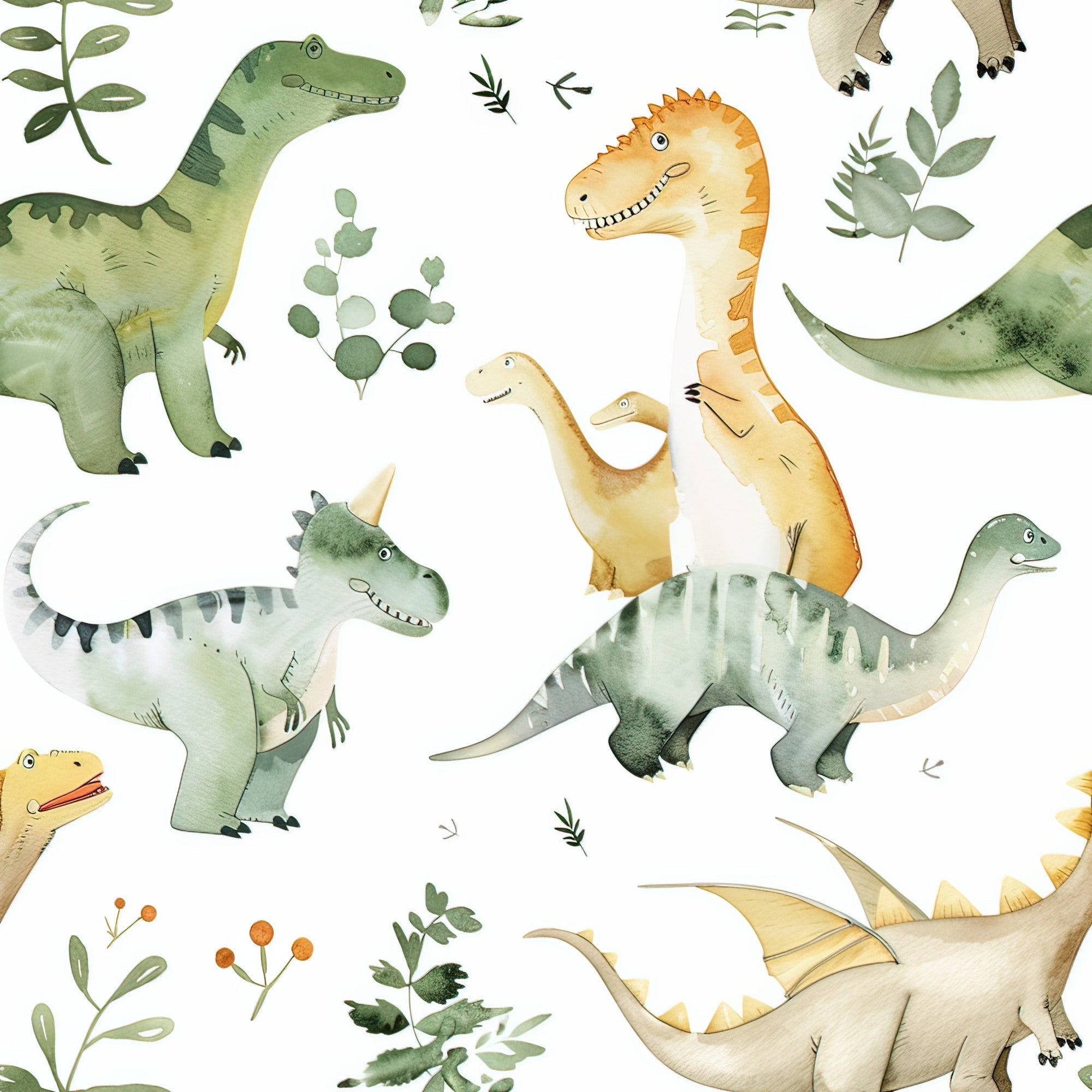 watercolor dinosaurs, green dinosaurs, orange dinosaurs, yellow dinosaurs, beige tones, prehistoric creatures, long neck dinosaurs, spiky dinosaurs, botanical leaves, eucalyptus branches, nature elements, whimsical art style, children's fabric,, fabric panel, soft watercolors, gentle illustrations, dinosaur pattern, scattered design, nursery fabric