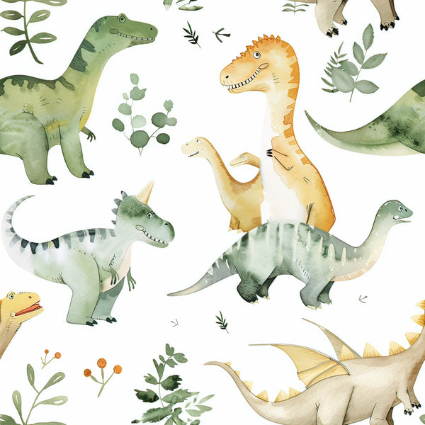 watercolor dinosaurs, green dinosaurs, orange dinosaurs, yellow dinosaurs, beige tones, prehistoric creatures, long neck dinosaurs, spiky dinosaurs, botanical leaves, eucalyptus branches, nature elements, whimsical art style, children's fabric,, fabric panel, soft watercolors, gentle illustrations, dinosaur pattern, scattered design, nursery fabric