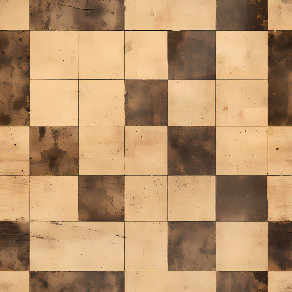 tan, beige, cream, brown, dark brown, rust, burnt orange, checkerboard, checkered, geometric, distressed, weathered, aged, vintage, rustic, farmhouse, abstract, neutral, earthy, modern, contemporary, burnt sienna, caramel, chocolate, patina, worn, grunge, industrial, textured, two-tone