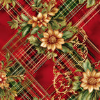 red, green, gold, christmas, plaid, tartan, floral motifs, ornate flowers, decorative scrollwork, baroque flourishes,, fabric panel, holiday pattern, festive design, geometric plaid, botanical elements, rich colors, seasonal fabric, diagonal stripes, elegant florals