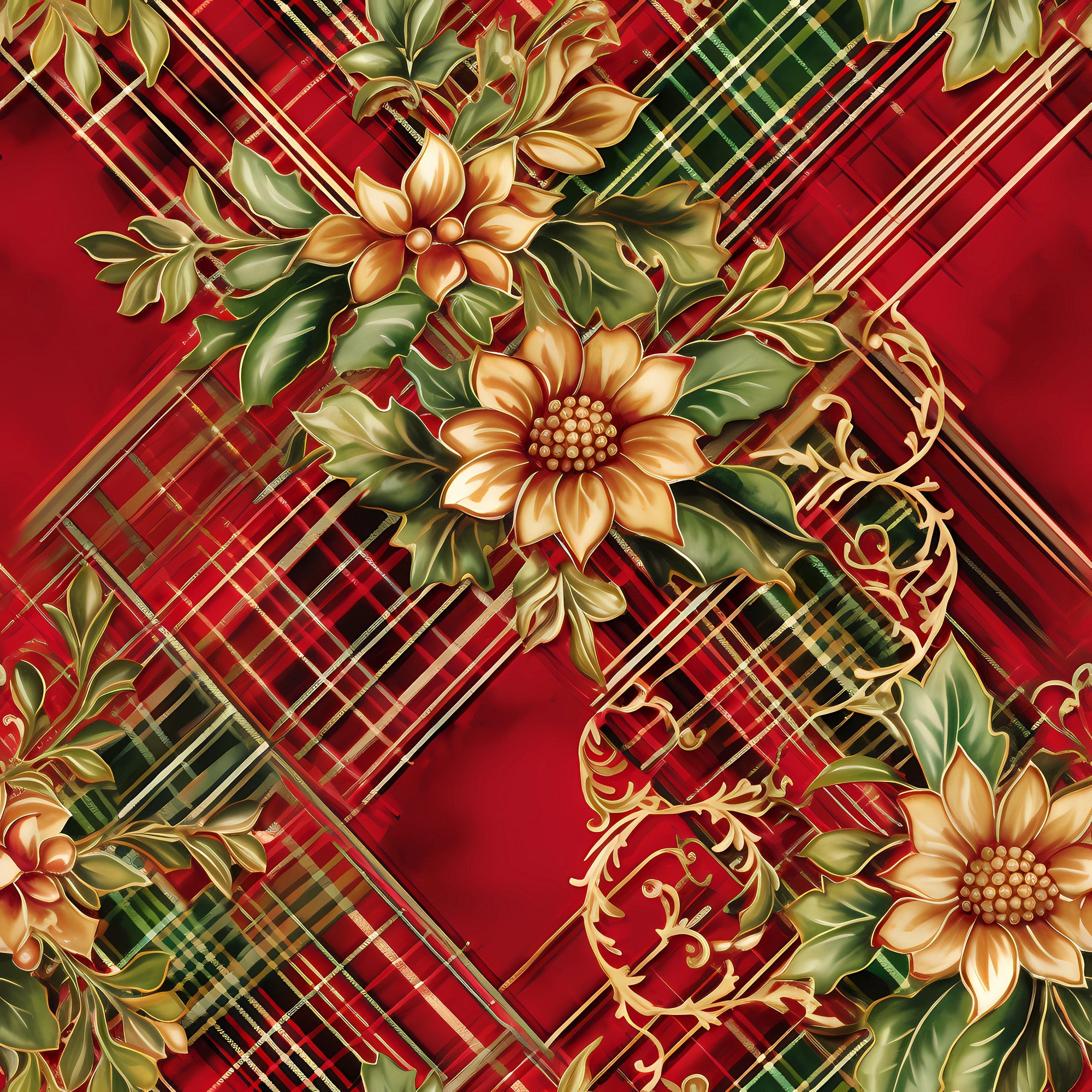 red, green, gold, christmas, plaid, tartan, floral motifs, ornate flowers, decorative scrollwork, baroque flourishes,, fabric panel, holiday pattern, festive design, geometric plaid, botanical elements, rich colors, seasonal fabric, diagonal stripes, elegant florals