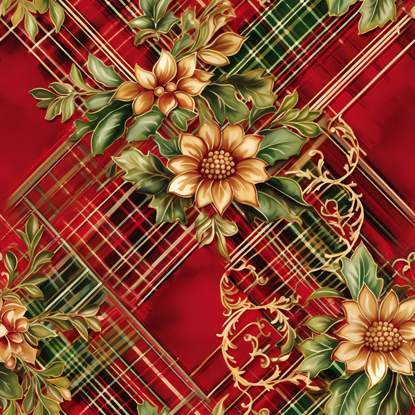 red, green, gold, christmas, plaid, tartan, floral motifs, ornate flowers, decorative scrollwork, baroque flourishes,, fabric panel, holiday pattern, festive design, geometric plaid, botanical elements, rich colors, seasonal fabric, diagonal stripes, elegant florals
