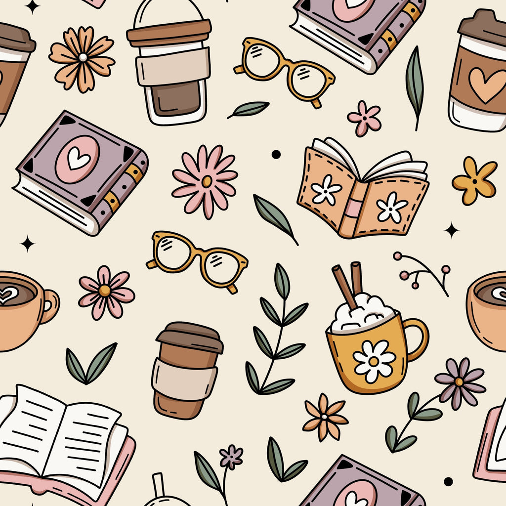 beige background, coffee cups, open books, sunglasses, flowers, boho style, pastel colors, pink accents, orange elements, green leaves, purple details, brown tones, scattered pattern, whimsical illustrations,, fabric panel, cozy vibes, reading theme, coffee theme, botanical elements