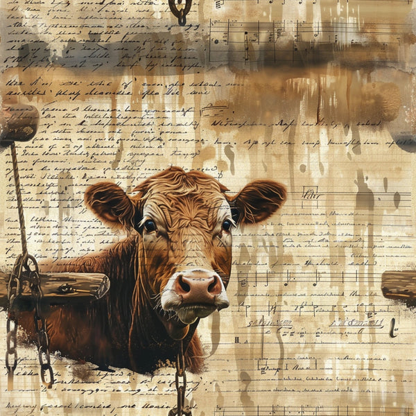 brown cow, vintage paper, musical notes, handwritten script, sepia tones, beige background, farm animal, rustic artwork, aged documents,, fabric panel, country theme, pastoral scene, mixed media collage, antique style, earth tones, bovine portrait, agricultural motif, weathered textures